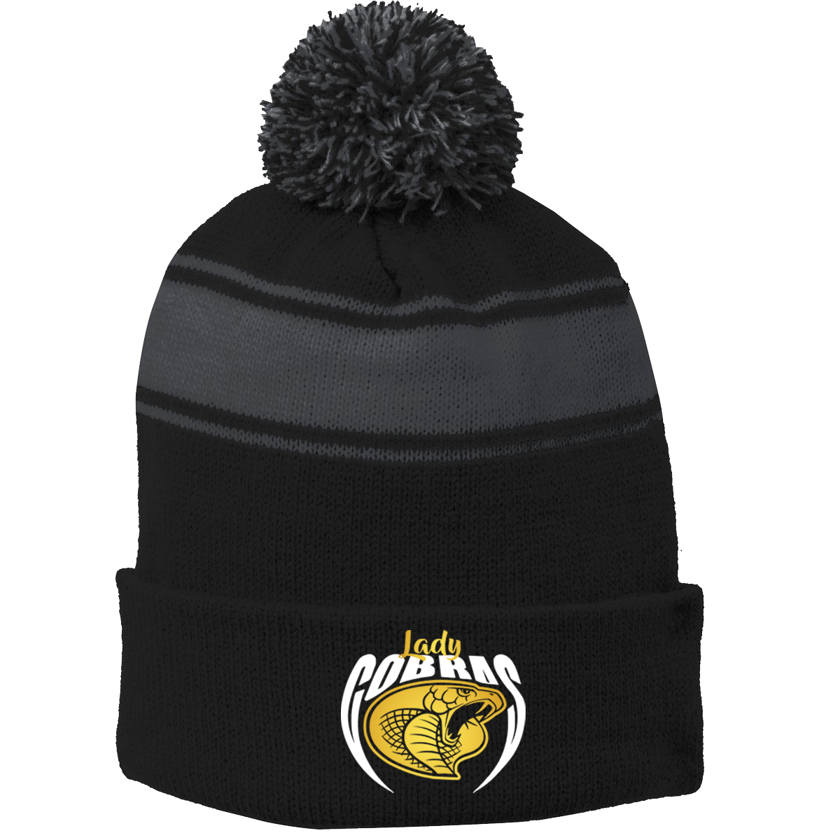 •Twiggs County - Lady Cobras Pointed Cobra Head (White/Gold) - Stripe Pom Pom Beanie (STC28)