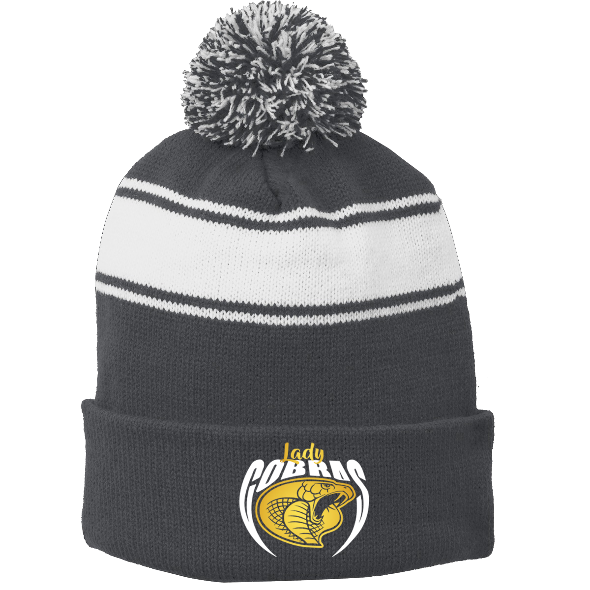 •Twiggs County - Lady Cobras Pointed Cobra Head (White/Gold) - Stripe Pom Pom Beanie (STC28)