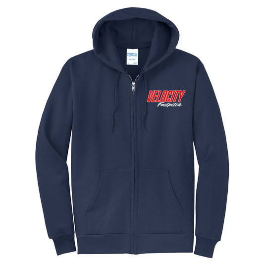 Velo FP - Fleece Full-Zip Hoodie with velocity fastpitch slanted logo - Navy - Southern Grace Creations