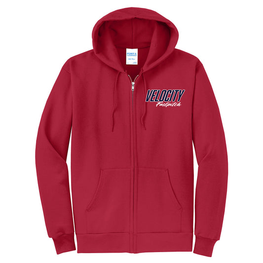 Velo FP - Fleece Full-Zip Hoodie with velocity fastpitch slanted logo - Red - Southern Grace Creations