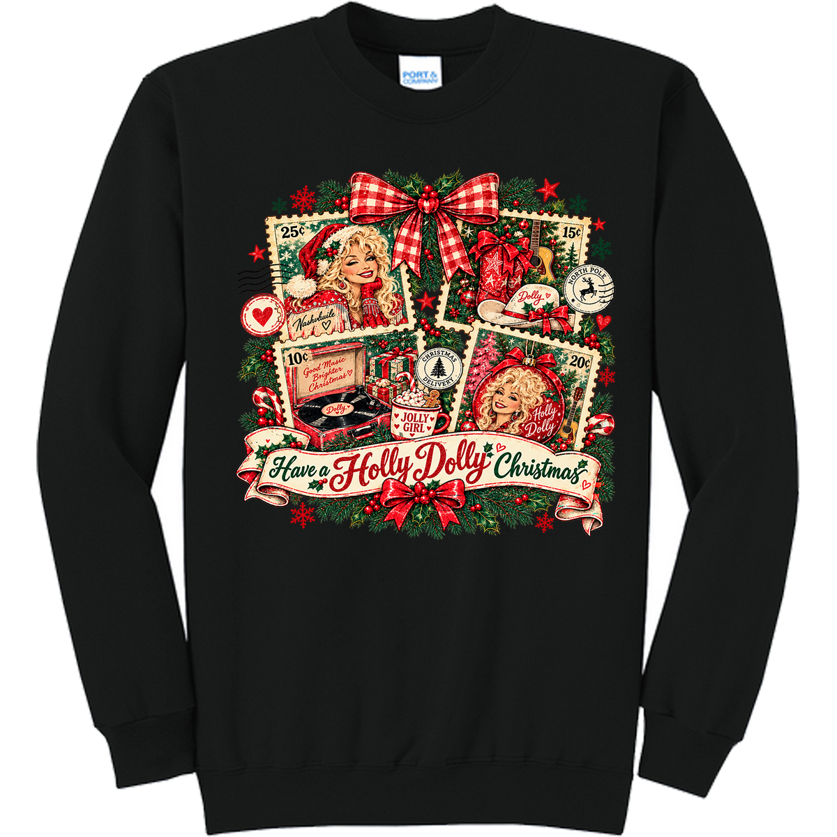 Vintage Dolly Christmas Stamp Collage - Black (Tee/Sweatshirt/Hoodie)