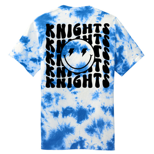 Windsor - Knights Knights Knights Bubble Letters with Smiley Face Tie Dye Tee - True Royal (PC145) - Southern Grace Creations