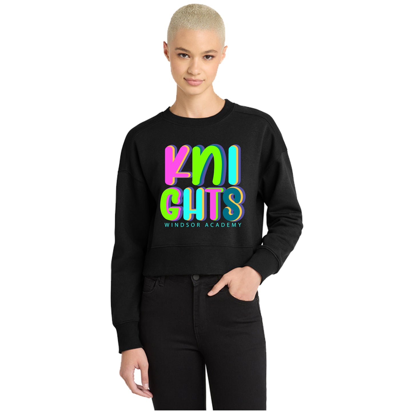Windsor - Knights Neon Letters - Women’s Perfect Weight® Fleece Cropped Crew - Black (DT1105)
