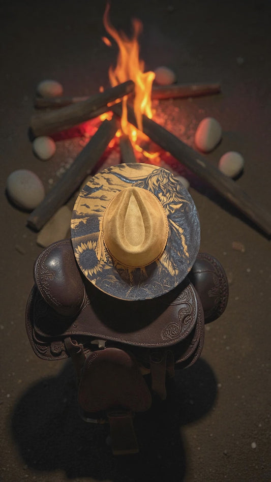 Vegan suede “Highland Cow” lasered cowboy hat. Adjustable band.