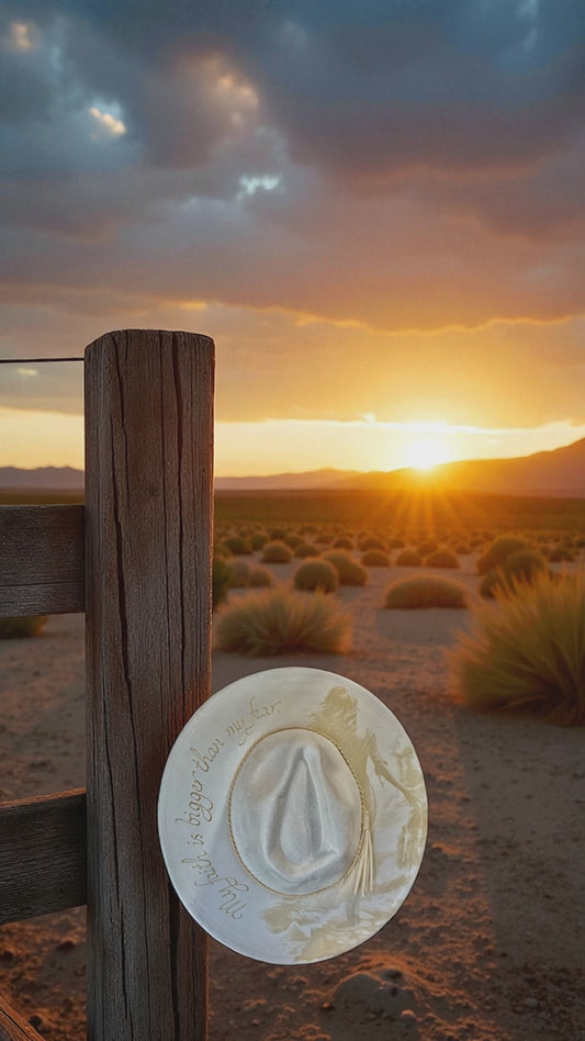 “ my faith is bigger than my fear” cowgirl hat. Adjustable shown in Ivory available in other colors.
