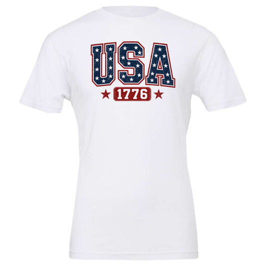 USA 1776 star blocked letters - Short Sleeves Cotton - White