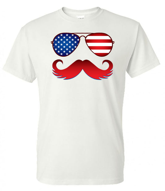 American Flag Glasses and Mustache - White Short Sleeve Tee - Southern Grace Creations