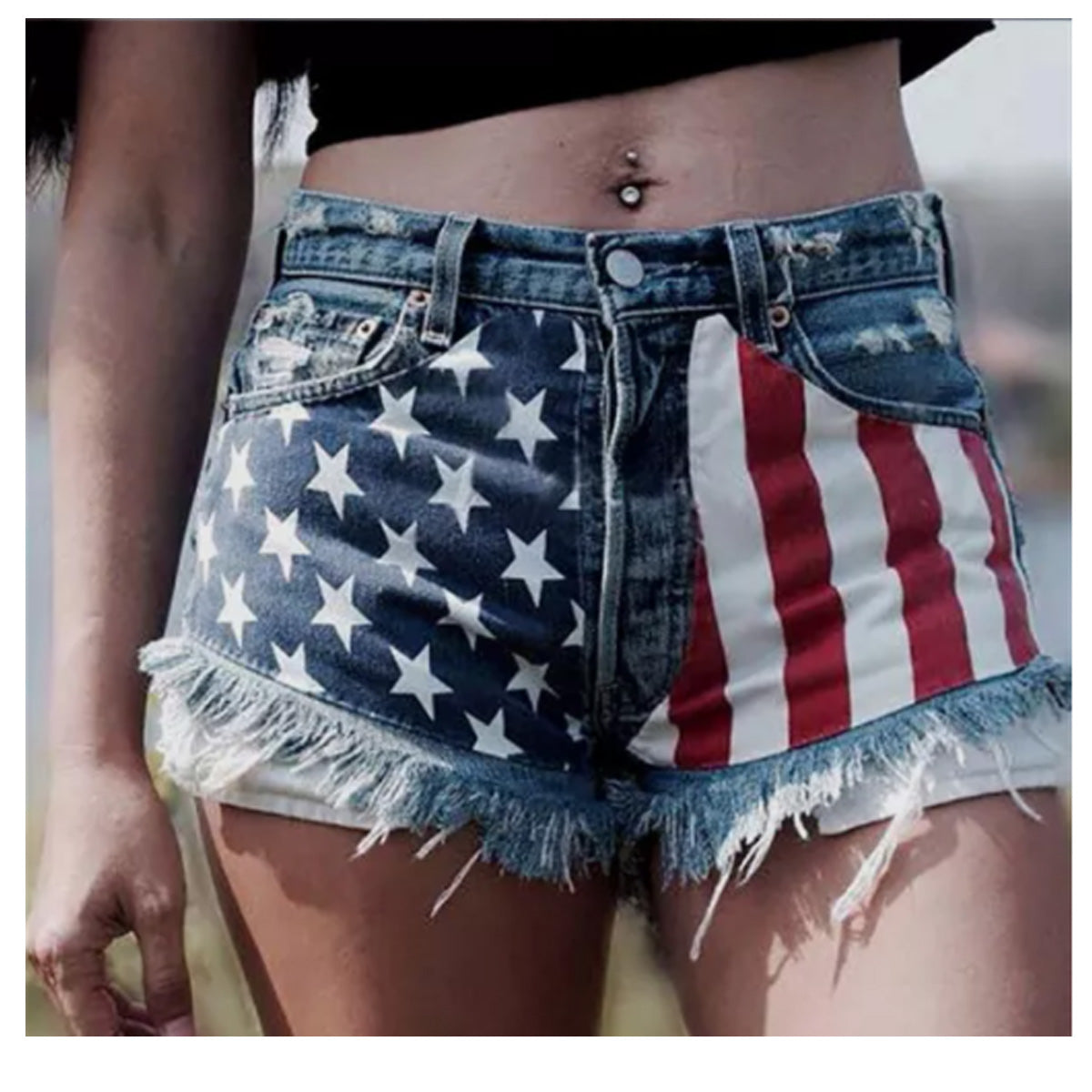 American Flag Stars Printed Tassel Denim Shorts - Southern Grace Creations