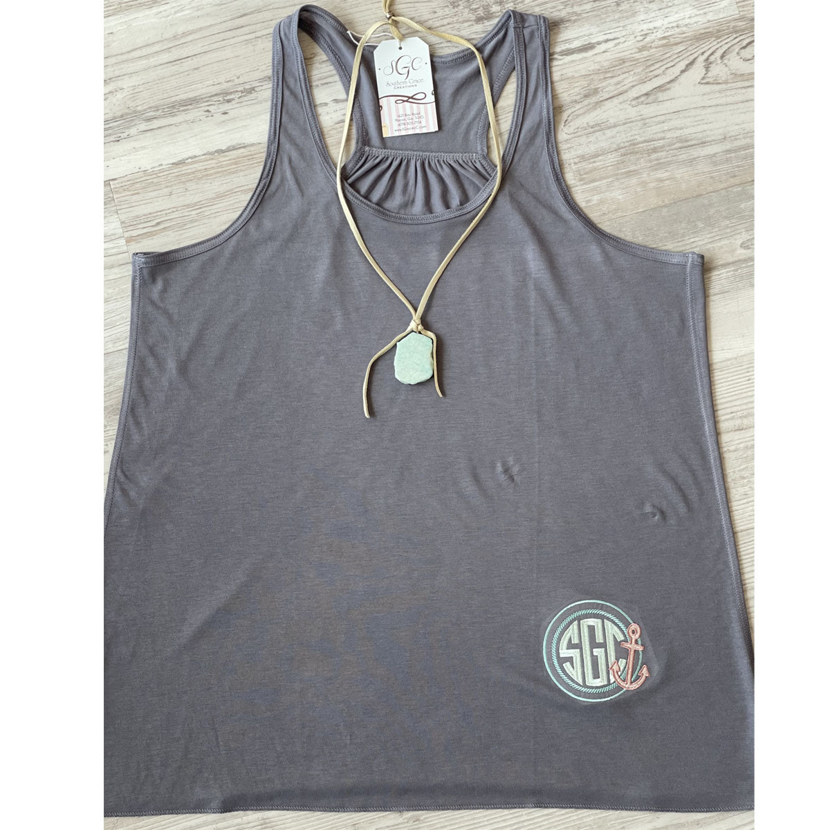 Anchor Monogram Grey Flowy Racerback Tank - Southern Grace Creations