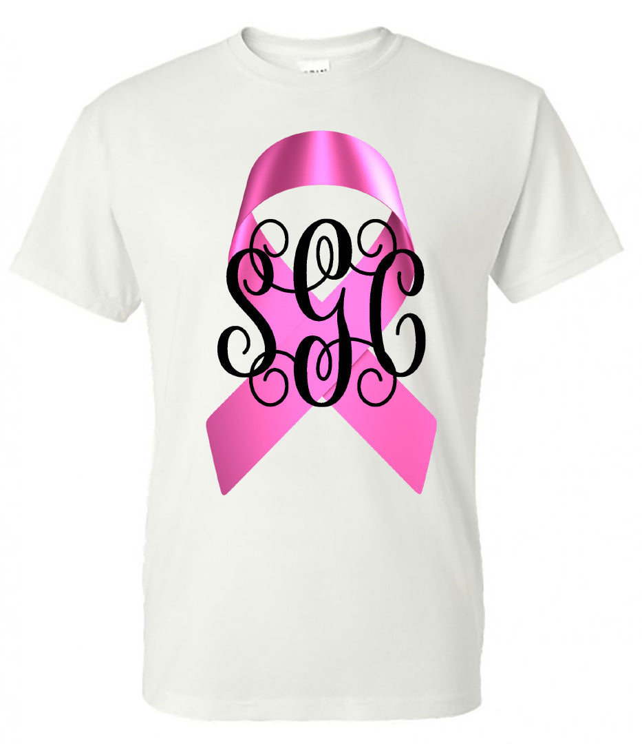 BREAST CANCER RIBBON MONOGRAM TEE - White Short Sleeves - Southern Grace Creations