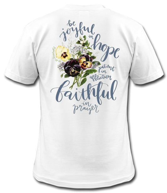 Be Joyful In Hope - Romans 12:12 - White Short Sleeve Tee - Southern Grace Creations