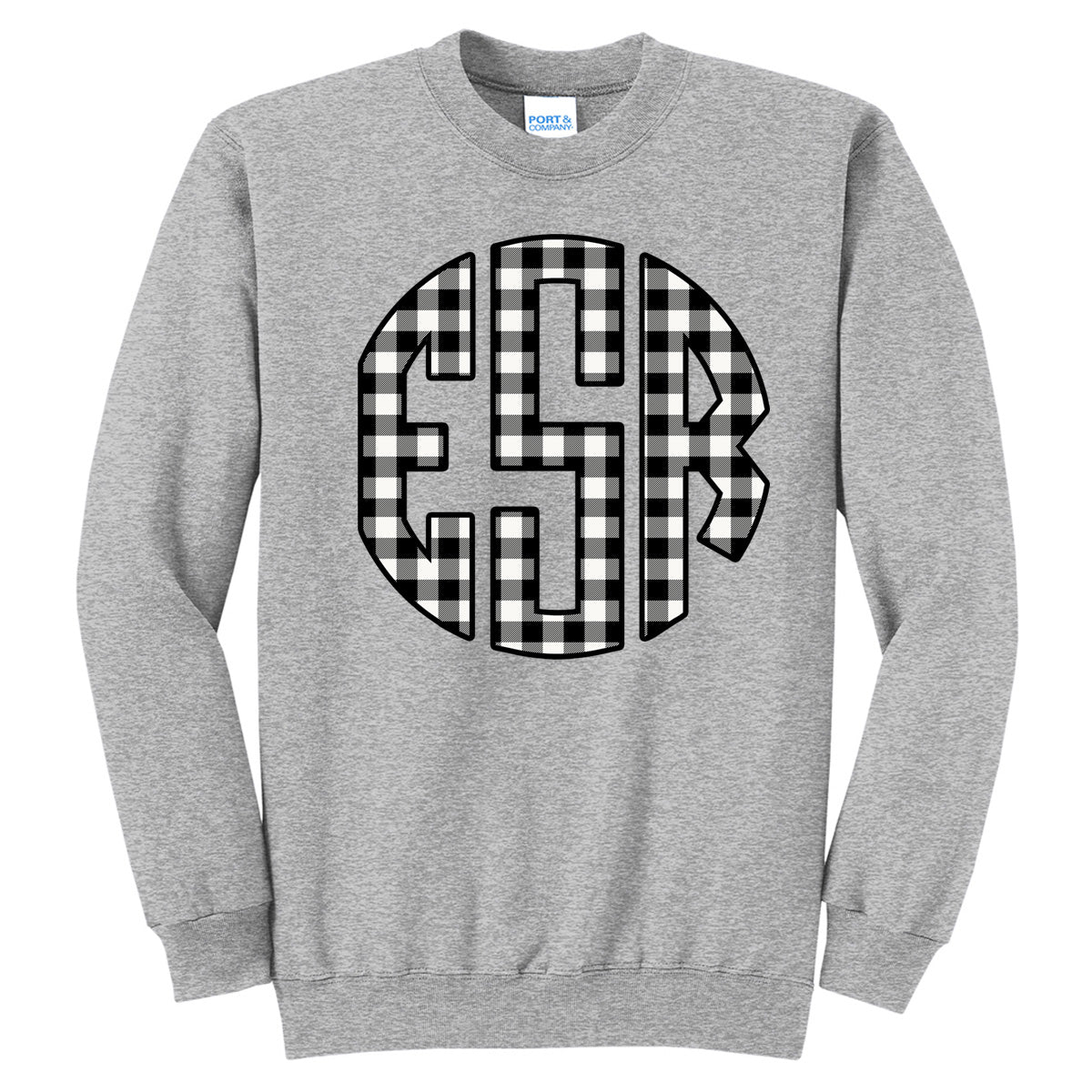 Black & White Plaid Circle Monogram - Athletic Heather Sweatshirt - Southern Grace Creations