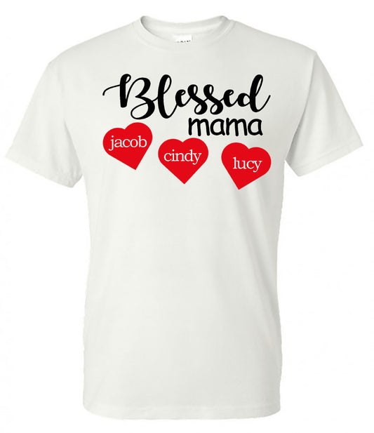 Blessed Mama with Hearts with Kids Names - White Short Sleeve Tee - Southern Grace Creations