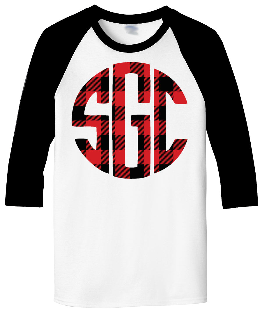 Buffalo Plaid Monogrammed White/Black Raglan - Southern Grace Creations