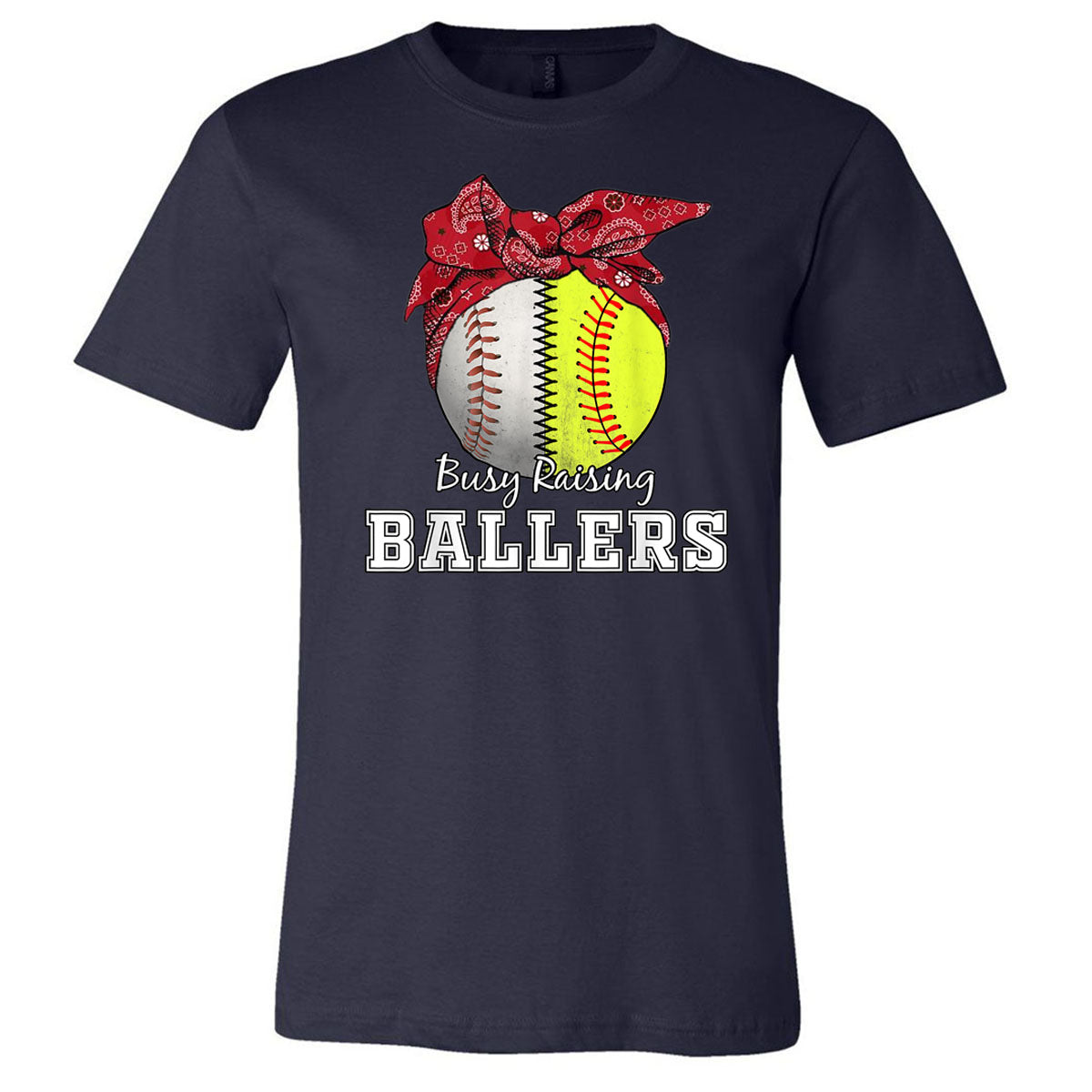 Busy Raising Ballers Baseball Softball Red Bandana - Navy Short Sleeve Tee - Southern Grace Creations