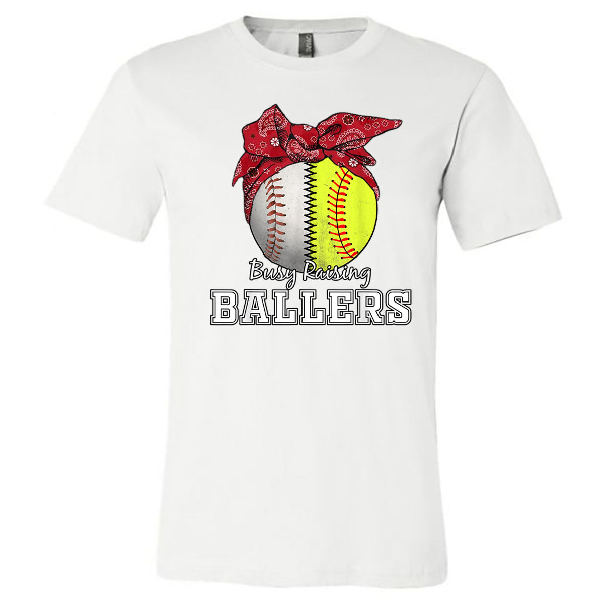 Busy Raising Ballers Baseball Softball Red Bandana - White Short Sleeve Tee - Southern Grace Creations