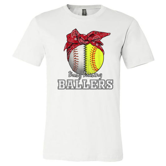 Busy Raising Ballers Baseball Softball Red Bandana - White Short Sleeve Tee - Southern Grace Creations