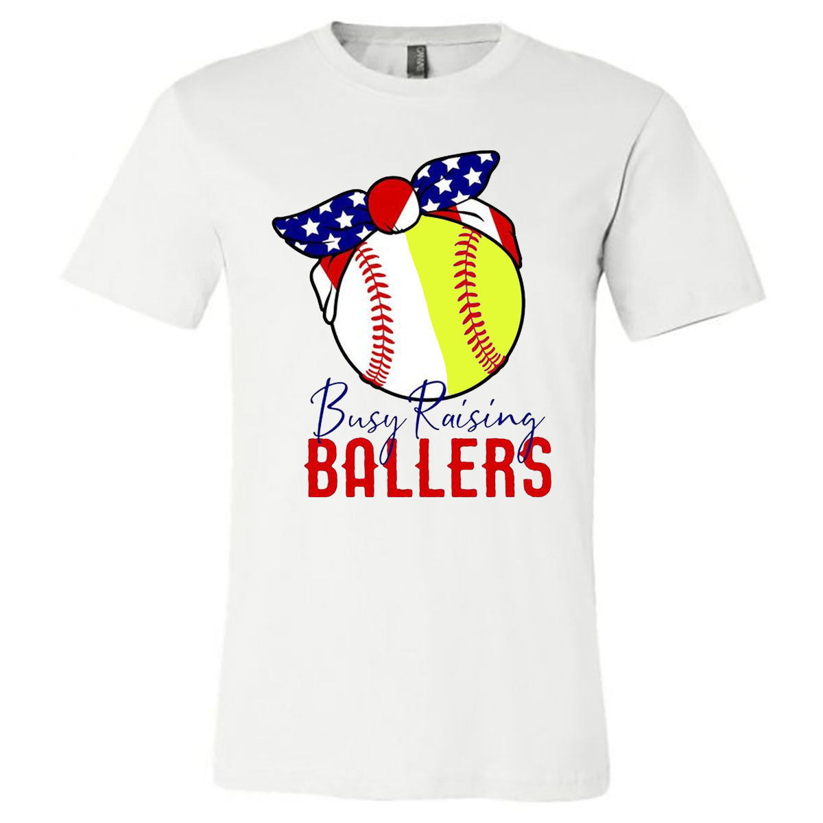 Busy Raising Ballers (Softball & Baseball) with American Flag Bandana - White (Tee/Hoodie/Sweatshirt) - Southern Grace Creations