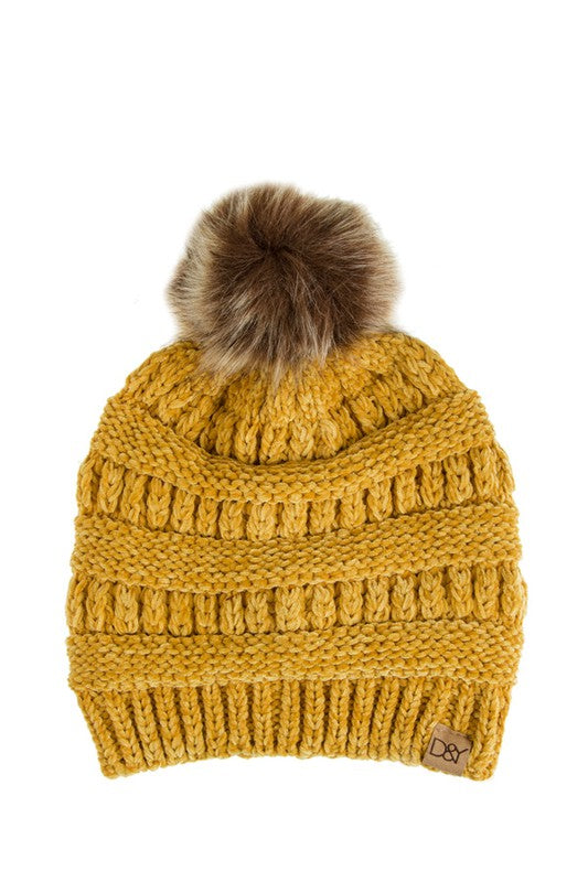 Chenille Knit Beanie with Faux Fur Pom in Mustard - Southern Grace Creations