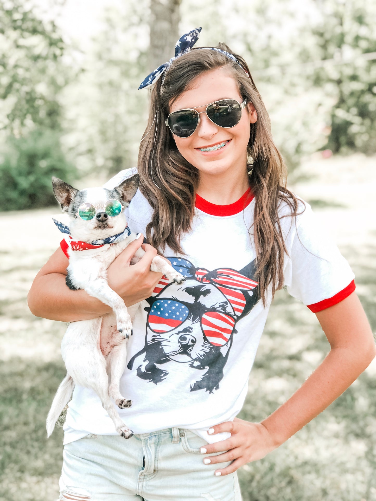 Chihuahua with Flag Bandana & Glasses Tee - Southern Grace Creations