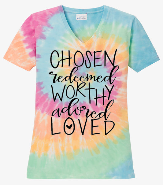 Chosen Redeemed Worthy Loved - Pastel Rainbow Tie Dye - Southern Grace Creations