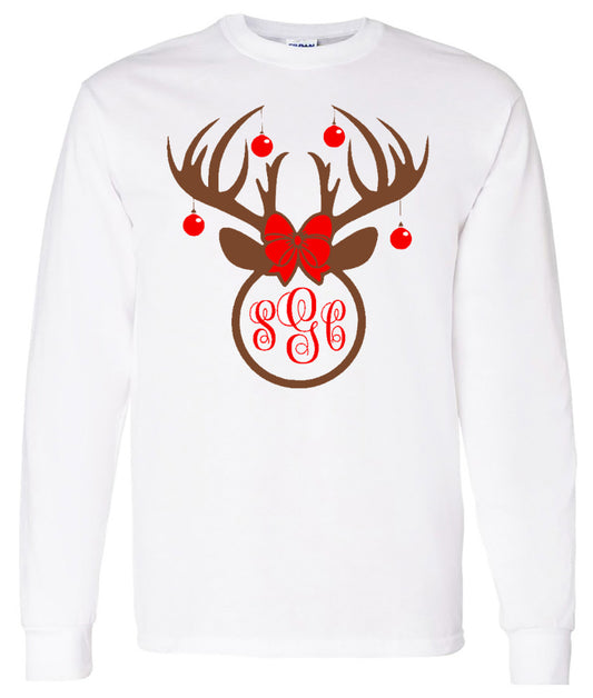 Christmas Deer Monogram - White Longsleeve Tee - Southern Grace Creations