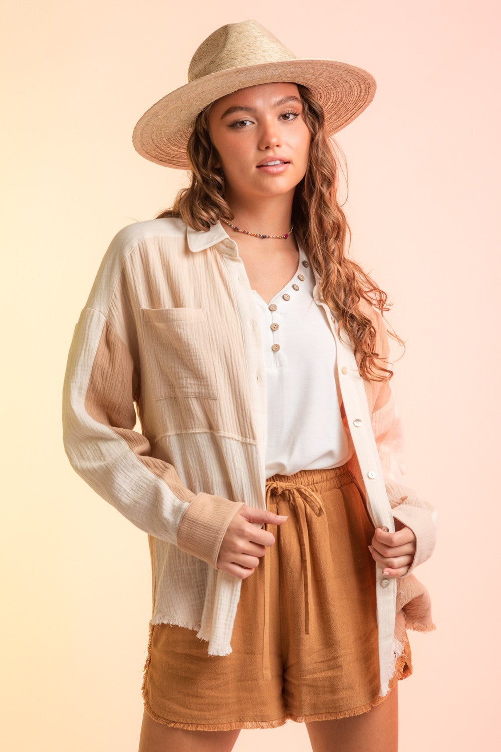 Color Blocked Button Down Shirt (Plus Size) - Cream Mix - Southern Grace Creations