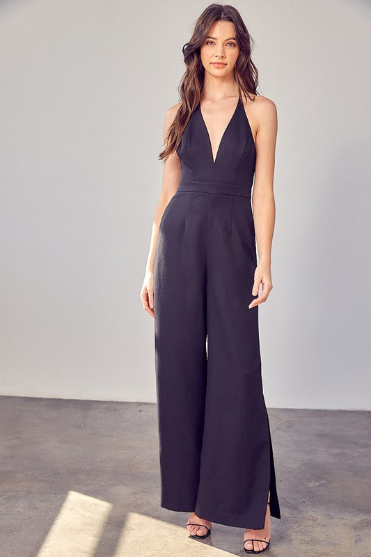 DEEP V NECK WIDE LEG JUMPSUIT - Southern Grace Creations