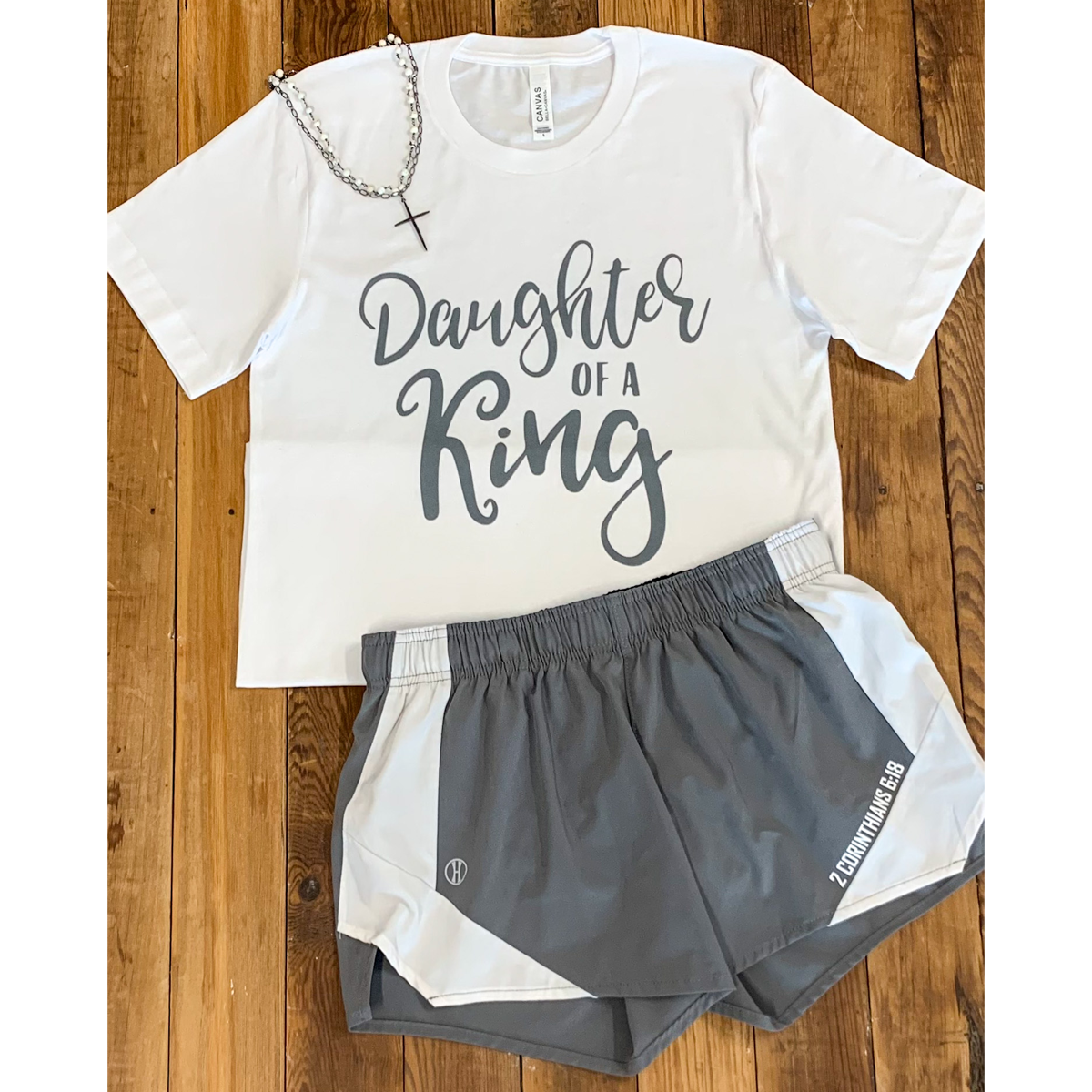 Daughter of a King Set (White Shirt/ Grey and White Olympus Shorts) - Southern Grace Creations