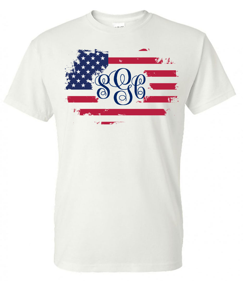 Distressed Flag Monogram - White Short Sleeve Tee - Southern Grace Creations