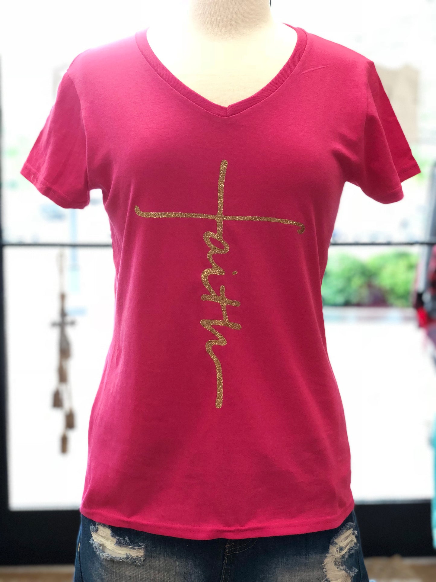 Faith - Hot Pink Ladies V-Neck - Southern Grace Creations