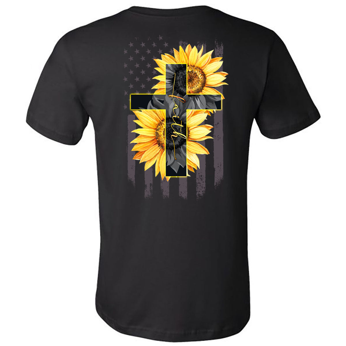 Faith Sunflowers Cross Flag - Black Short Sleeve Tee - Southern Grace Creations