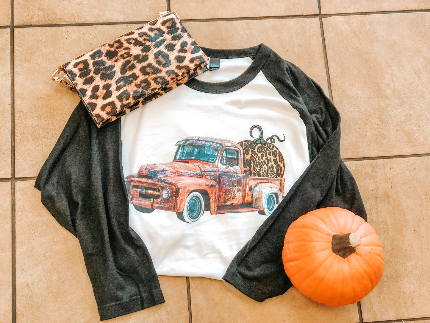 Fall Distressed Truck with Leopard Pumpkin - Black/White Raglan - Southern Grace Creations