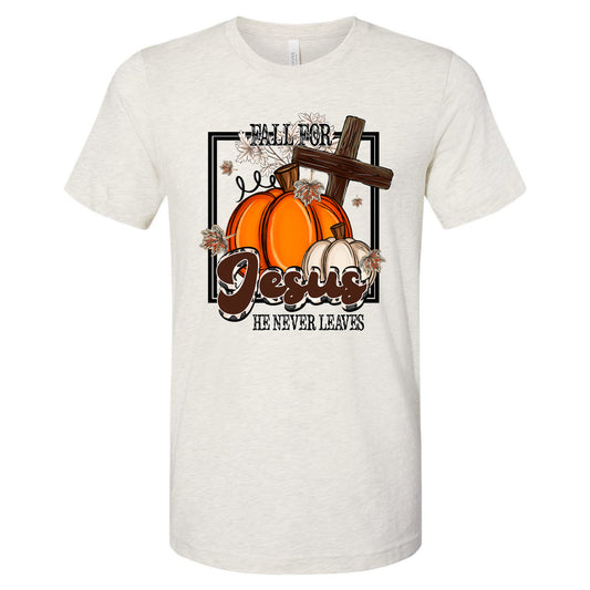 Fall For Jesus He Never Leaves with Cross and Pumpkins - Heather Prism Natural Tee - Southern Grace Creations