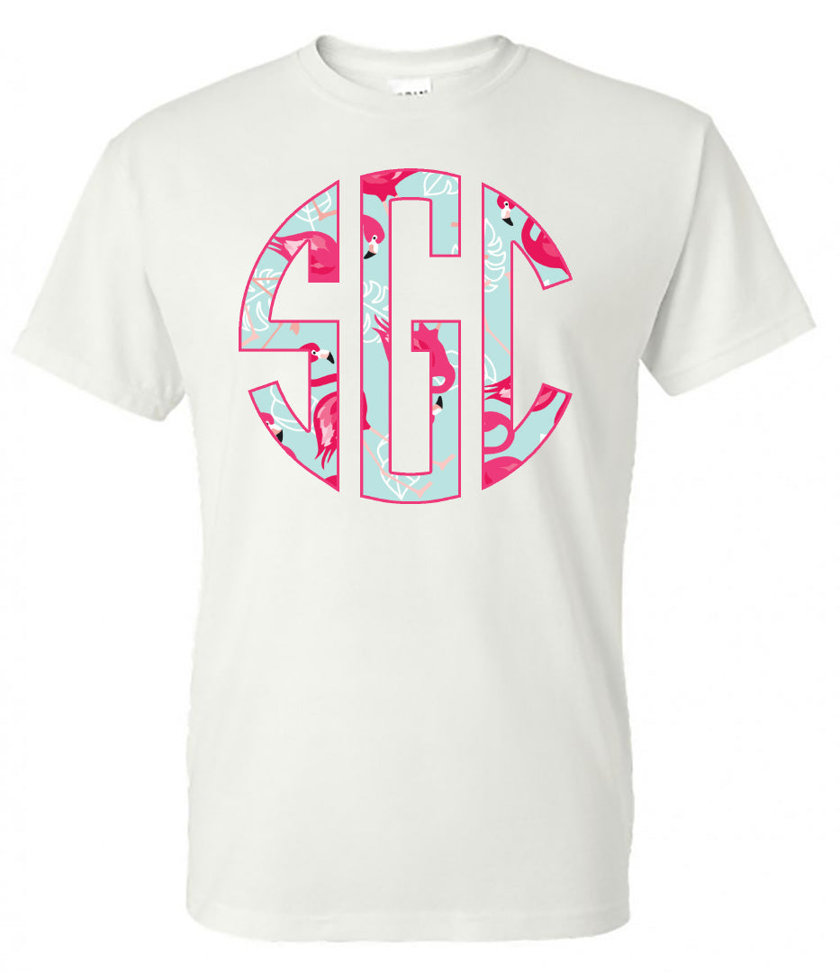Flamingo Flock Circle Monogram Printed Shirt - Southern Grace Creations