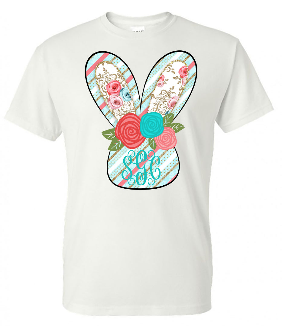 Floral Easter Bunny Monogram- White Short Sleeve Tee - Southern Grace Creations