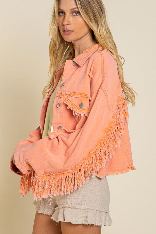 Fringe Distressed Crop Denim Jacket - Southern Grace Creations