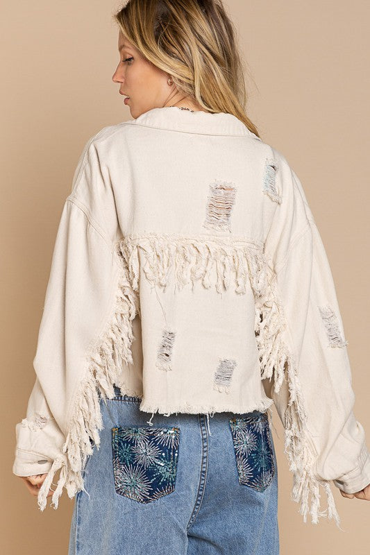 Fringe Distressed Crop Denim Jacket - Southern Grace Creations