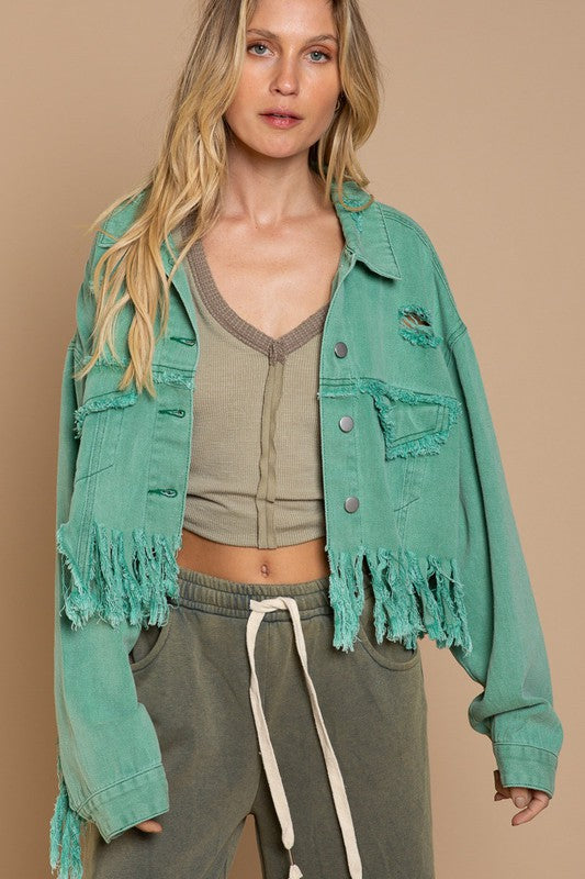 Fringe Distressed Crop Denim Jacket - Southern Grace Creations