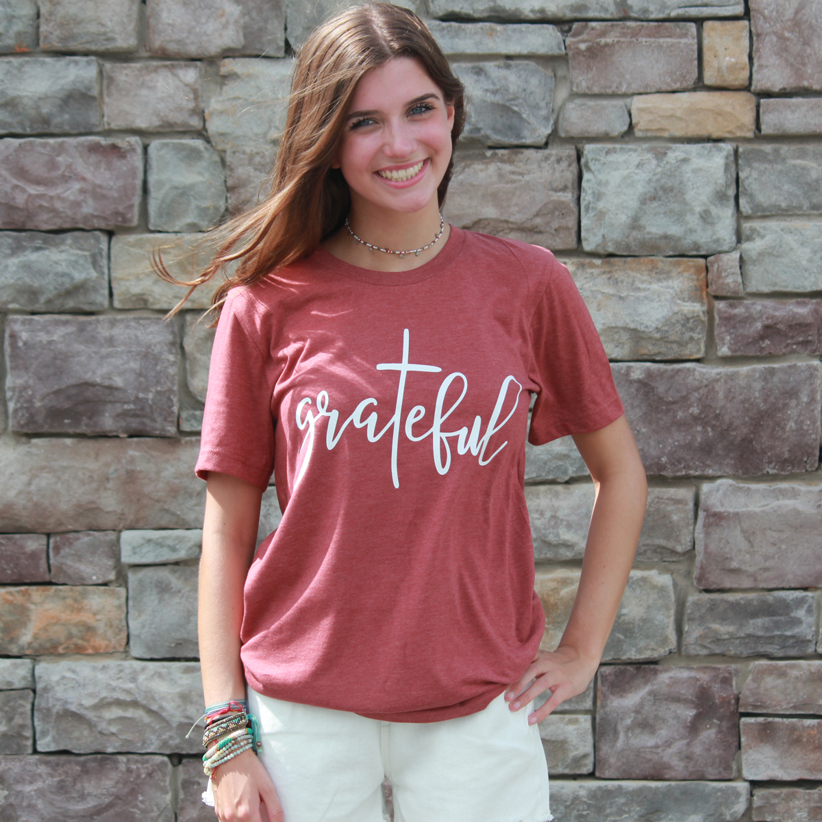 Grateful Set (Rust Tee/ White Denim Drawstring Shorts) - Southern Grace Creations