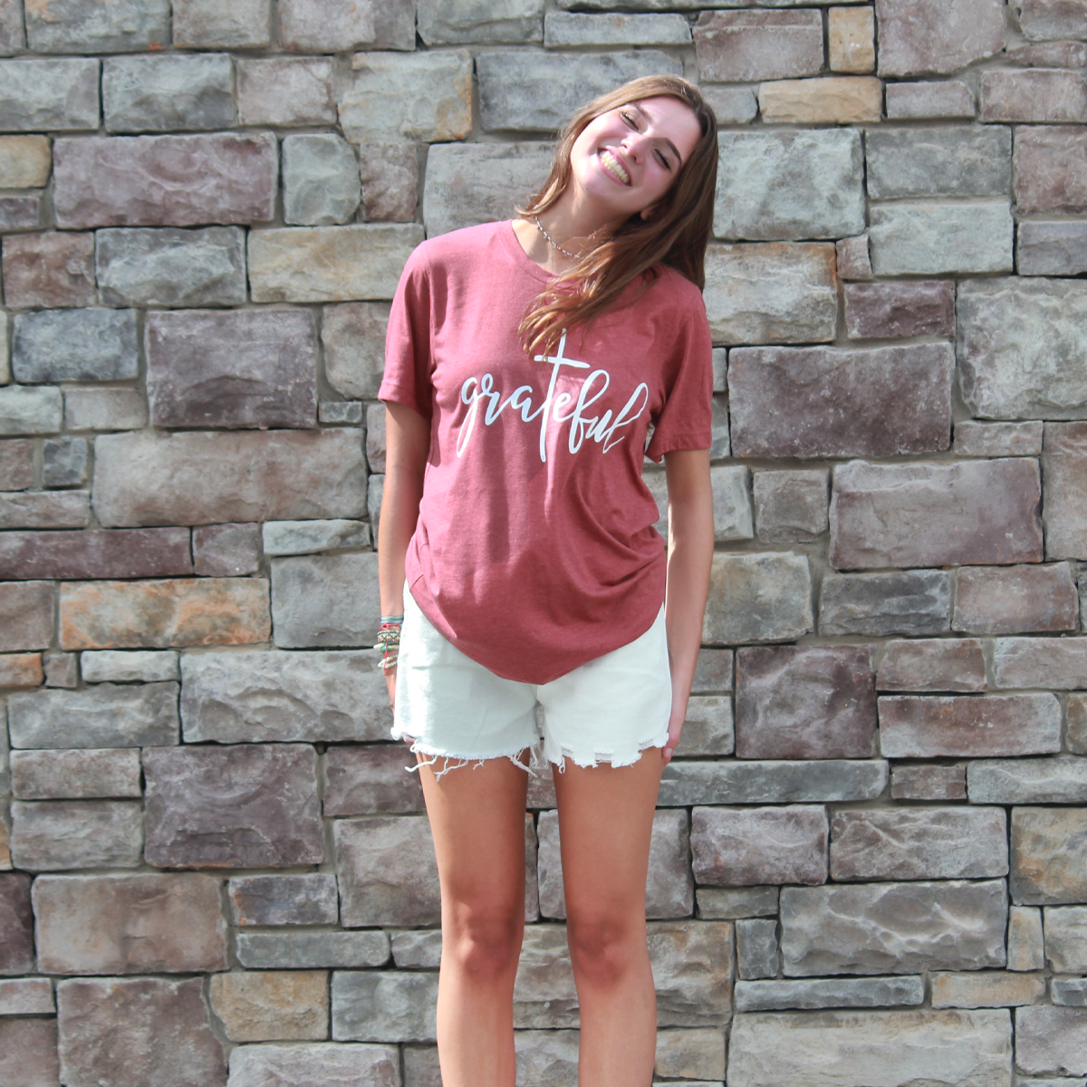 Grateful Set (Rust Tee/ White Denim Drawstring Shorts) - Southern Grace Creations