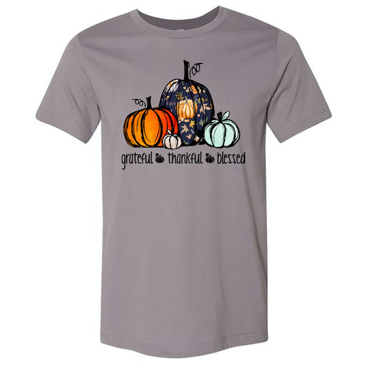 Grateful Thankful Blessed Patterned Pumpkin - Storm Tee - Southern Grace Creations