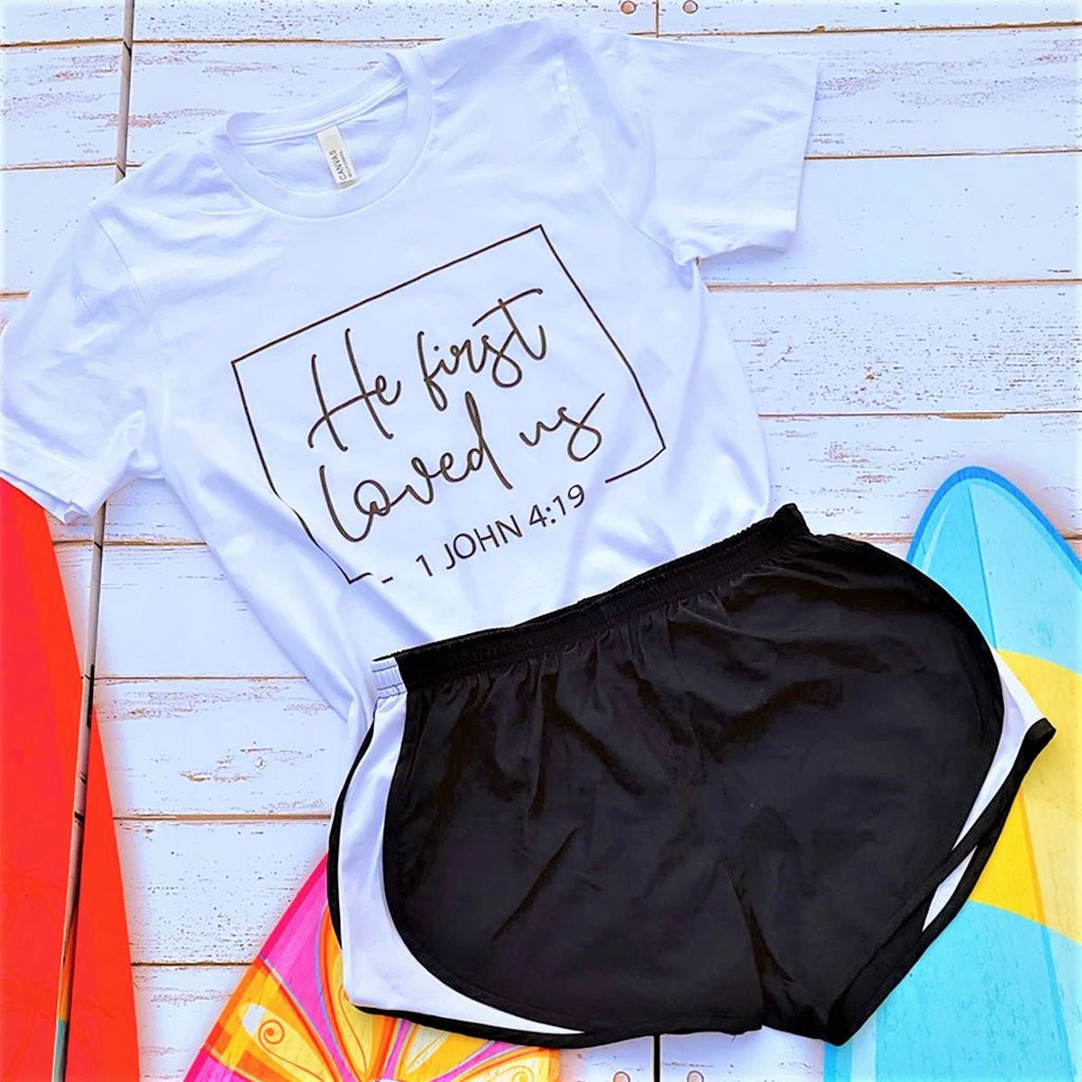 He First Loved Us Black Shorts Set (White Tee/Black Shorts) - Southern Grace Creations
