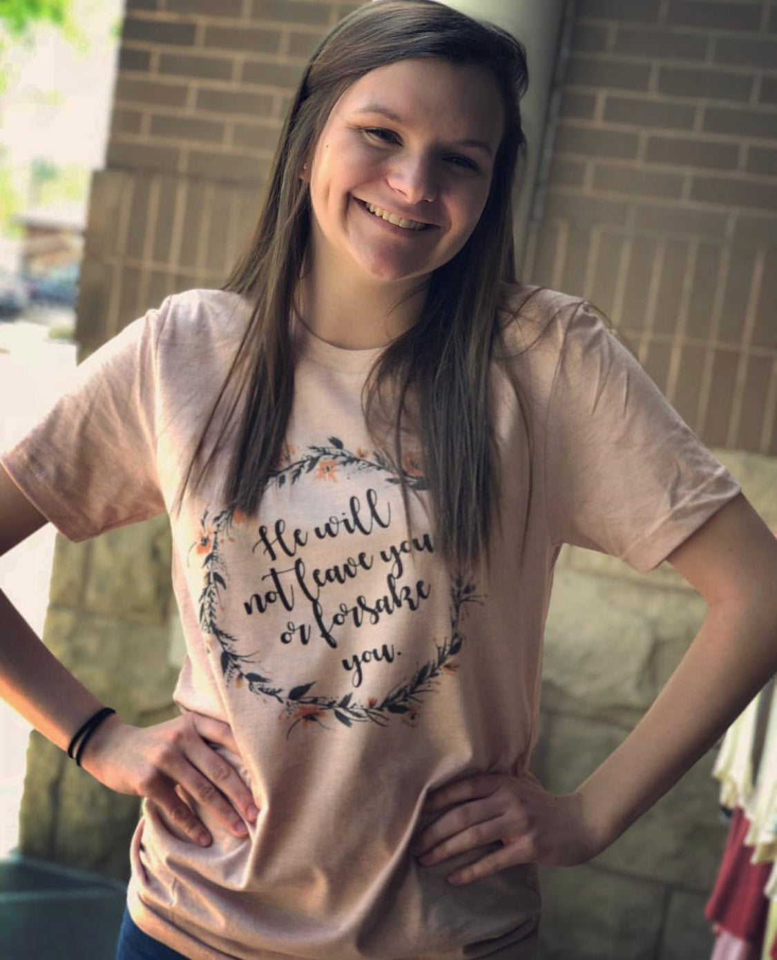 He Will Not Leave You or Forsake You - Heather Prism Peach Short Sleeve Tee (Bella) - Southern Grace Creations