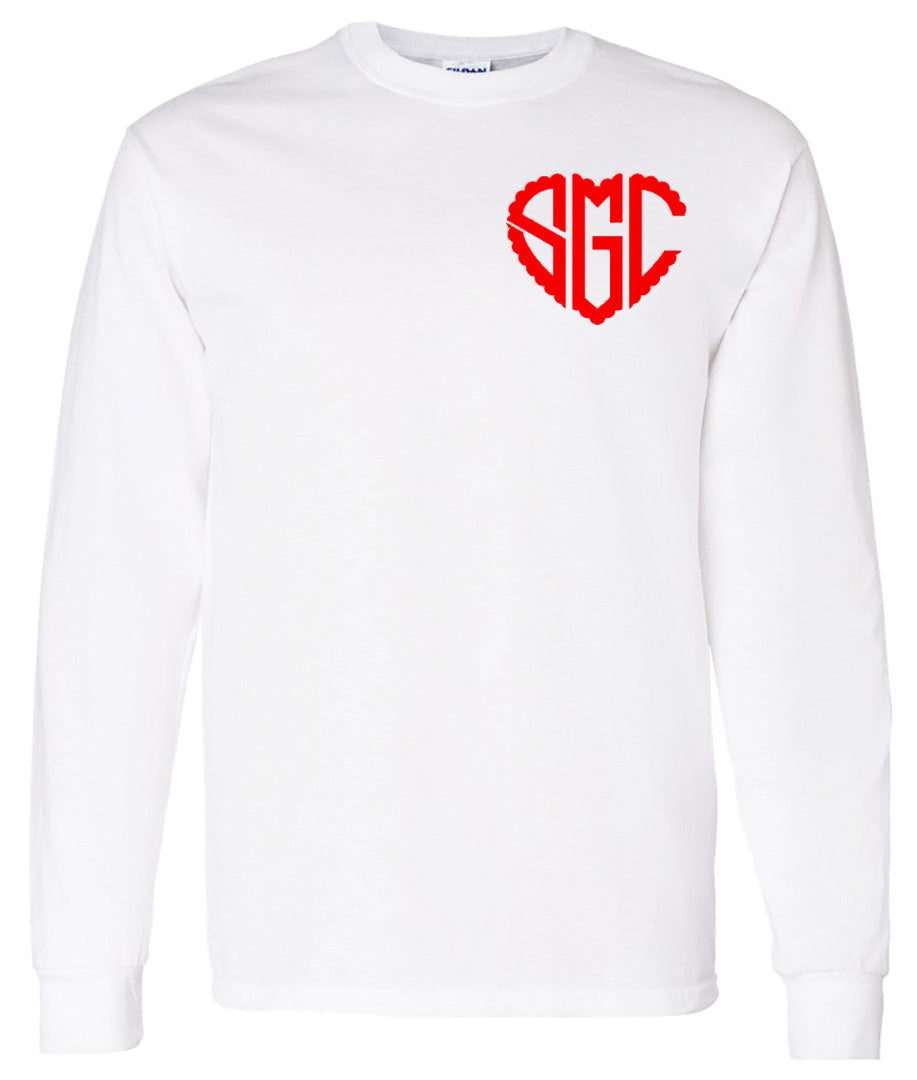 Heart Scalloped Monogram (Left Chest) - White Tee - Southern Grace Creations