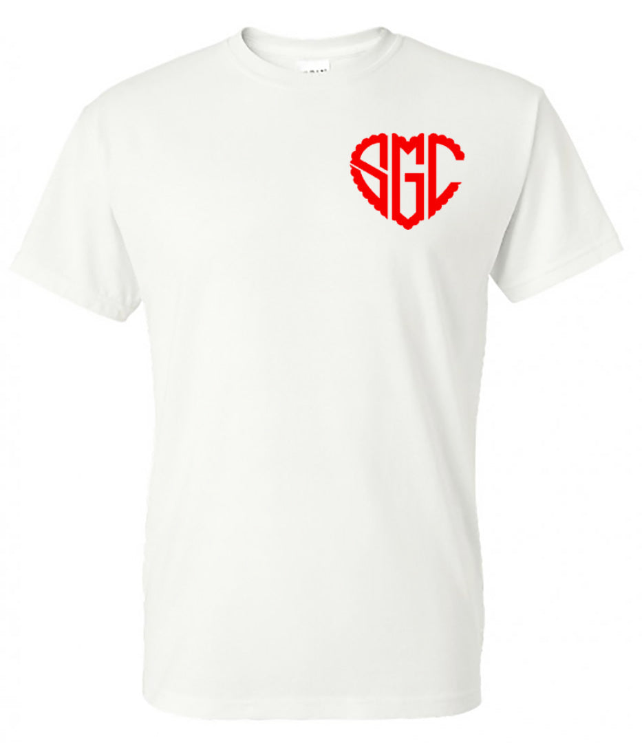 Heart Scalloped Monogram (Left Chest) - White Tee - Southern Grace Creations