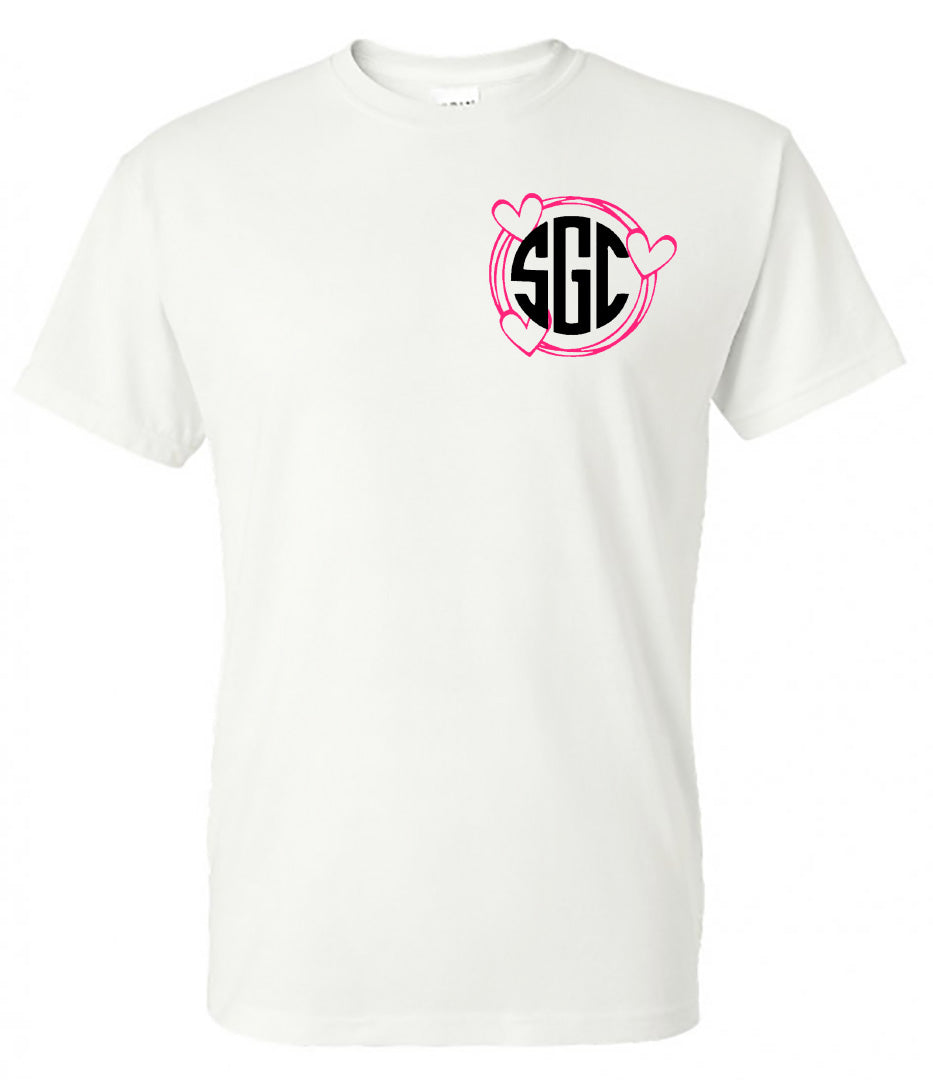 Heart String Circle Monogram (Left Chest) - White Short-Sleeve Tee - Southern Grace Creations
