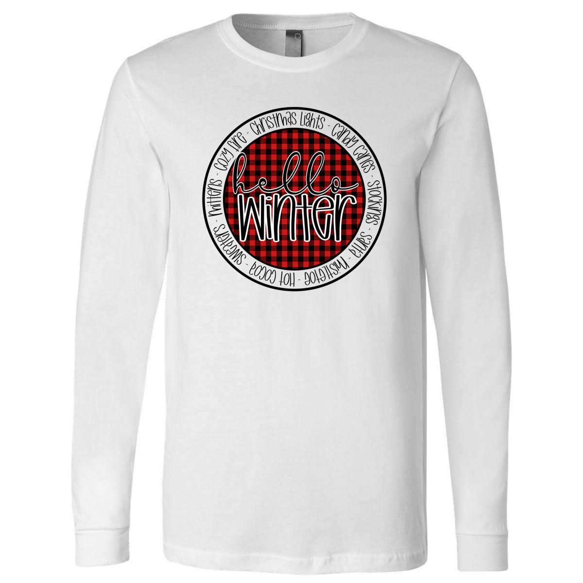 Hello Winter Buffalo Plaid Circle - White (Tee/Hoodie/Sweatshirt) - Southern Grace Creations