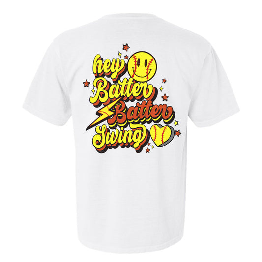 Hey Batter Batter Swing Retro - White Comfort Color Short Sleeves Tee - Southern Grace Creations