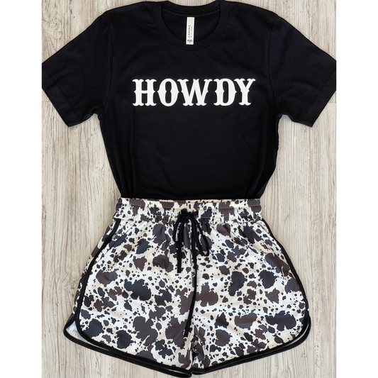 Howdy Partner Set - Black Tee &  Moo print Shorts - Southern Grace Creations